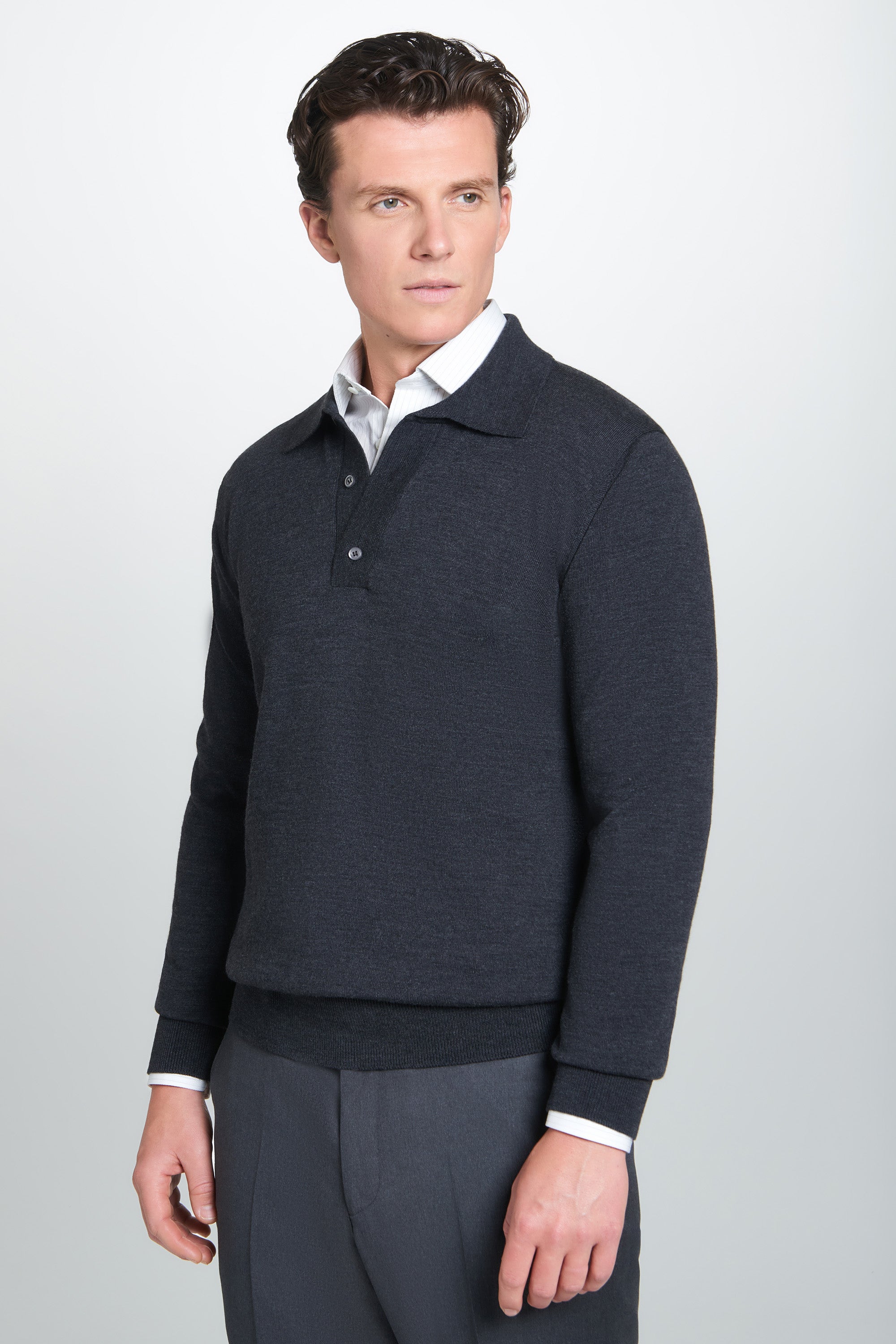 Grey Merino Wool Long Sleeve Polo Shirt