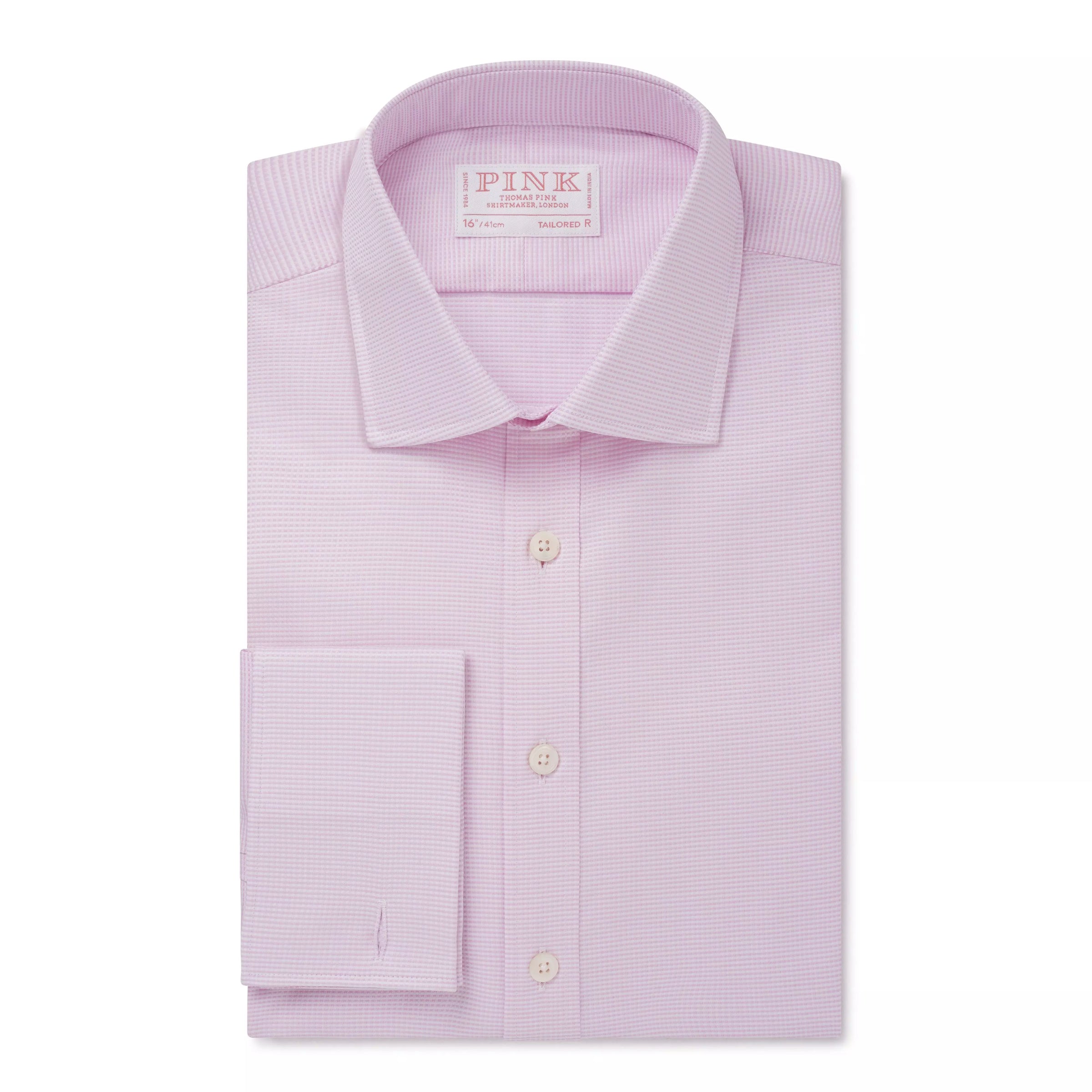 Pale Pink & White Tailored Fit Double Cuff Jacquard Micro Check Formal Shirt