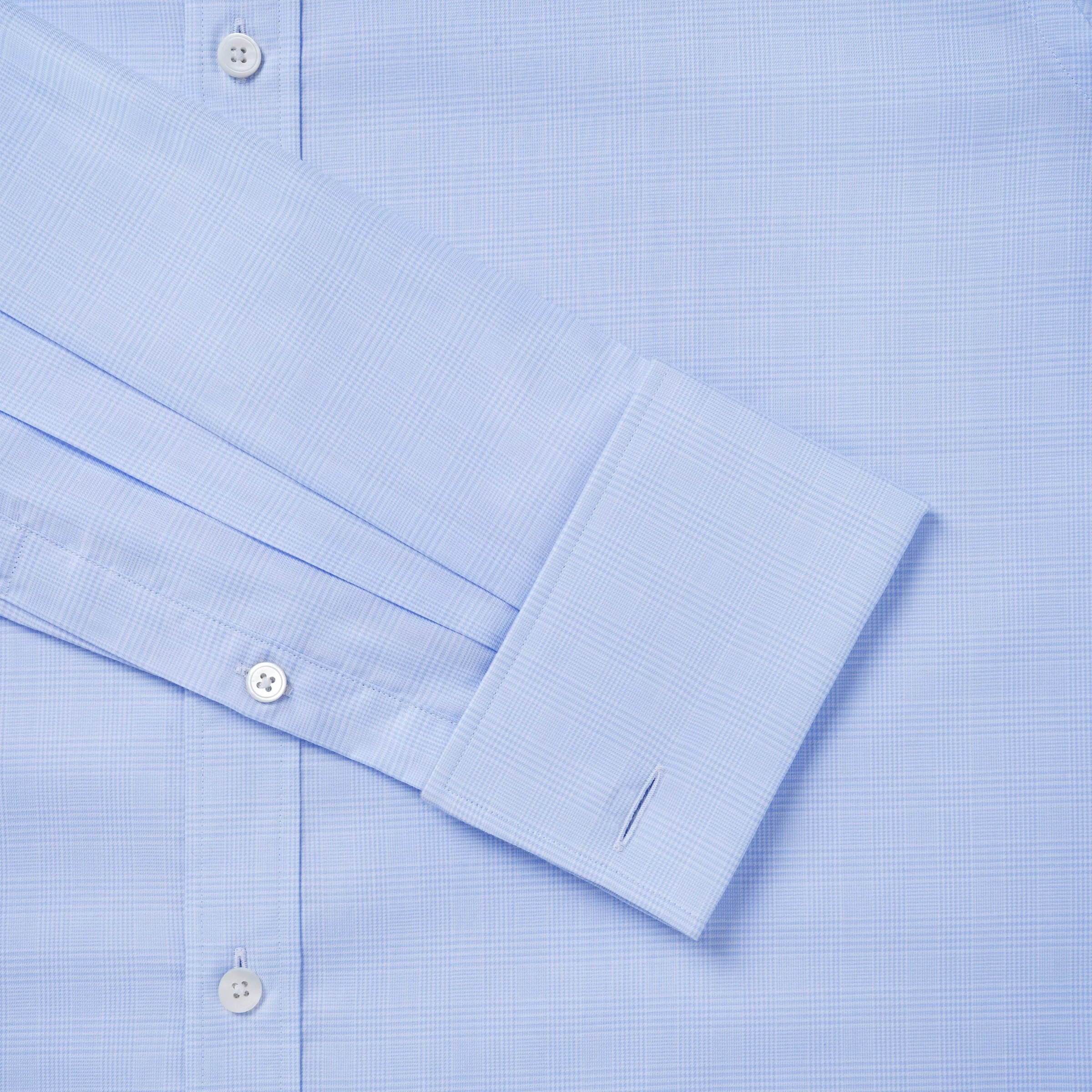 Pale Blue & White Slim Fit Double Cuff Prince of Wales Check Formal Shirt