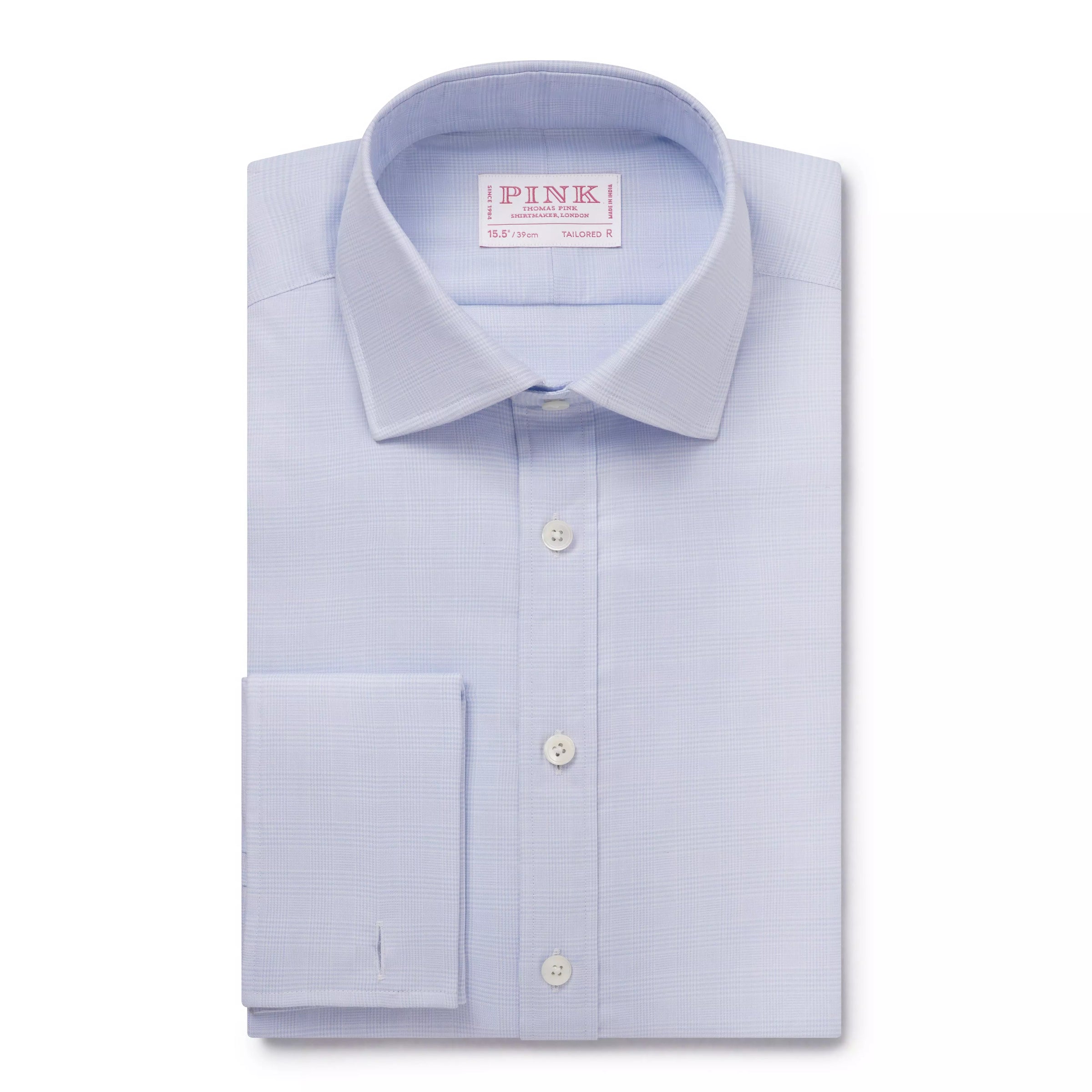 Pale Blue & White Tailored Fit Double Cuff Prince of Wales Check Formal Shirt